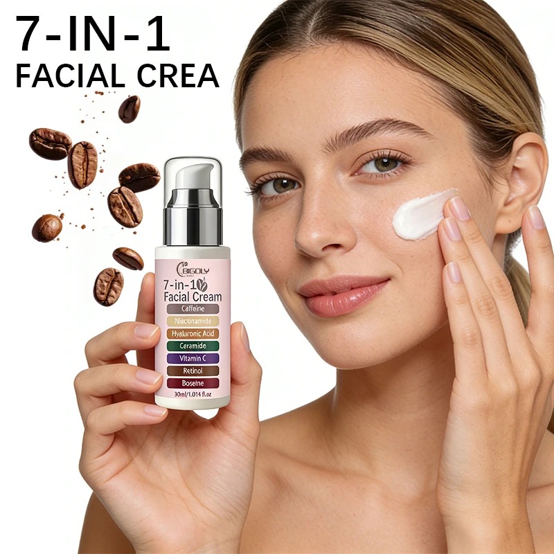 Skincare Vitamin C - 30ml 7-in-1 エッセンスクリーム、肌に潤いを与え、引き締め、肌の色を明るくします。カフェイン、ナイアシンアミド、ヒアルロン酸、セラミド、ビタミンC、レチノールなどを配合しています。 女性の毎日のフェイシャルケアに最適、プレスボトル入り、安全で衛生的、持ち運びも簡単です。